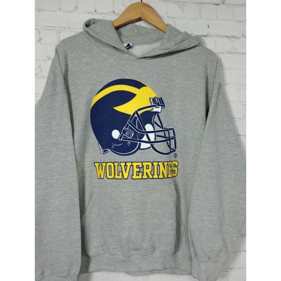 Vintage Michigan Wolverines Pullover Hooded Sweatshirt Gray Men's Large Helmet - Picture 2 of 10